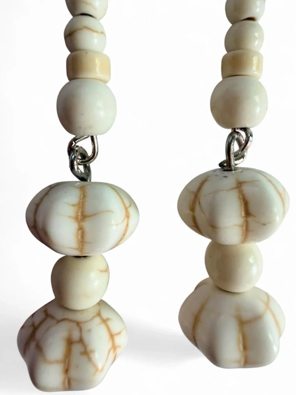 Handmade Cream Howlite Stone Beaded Long Dangle Earrings OOAK